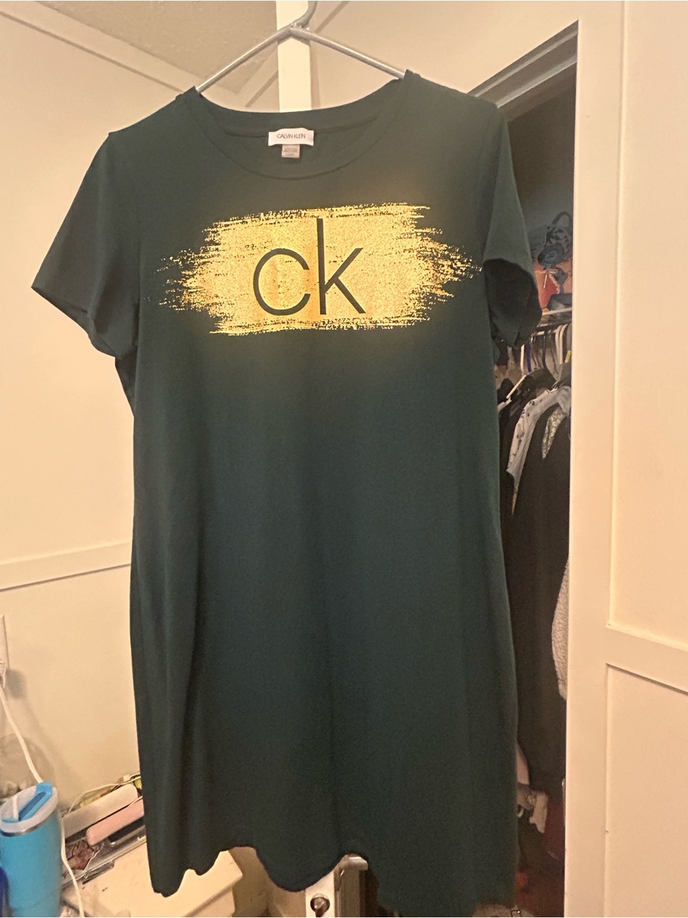 Calvin Klein Dark Green Short-Sleeve Tee Dress with Gold CK Graphic